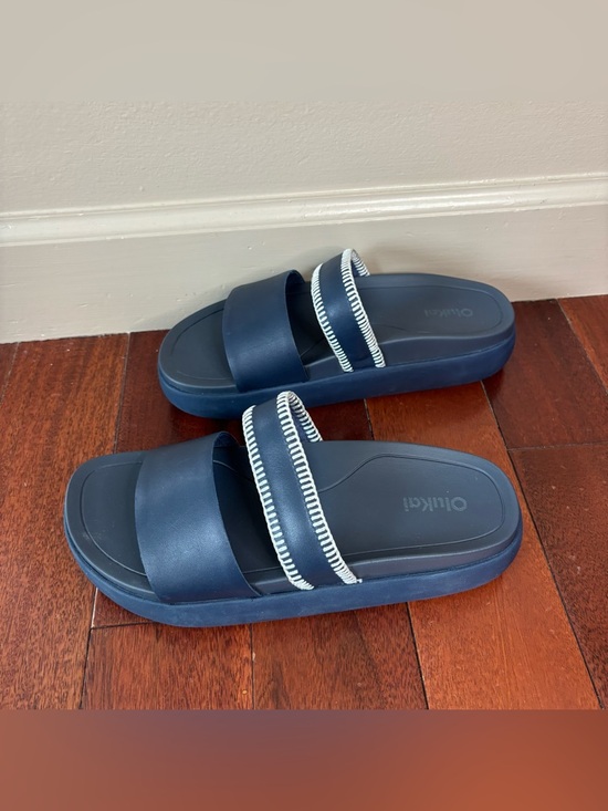 Olukai sz 8 Pae Leather Slides Platform Sandals Mood Indigo Blue - Picture 4 of 8